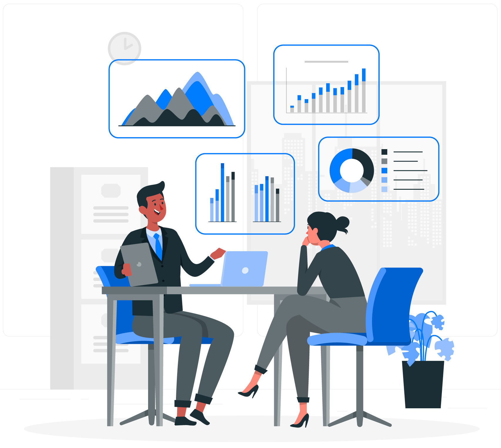 Illustration of a business team analysis graphs and charts