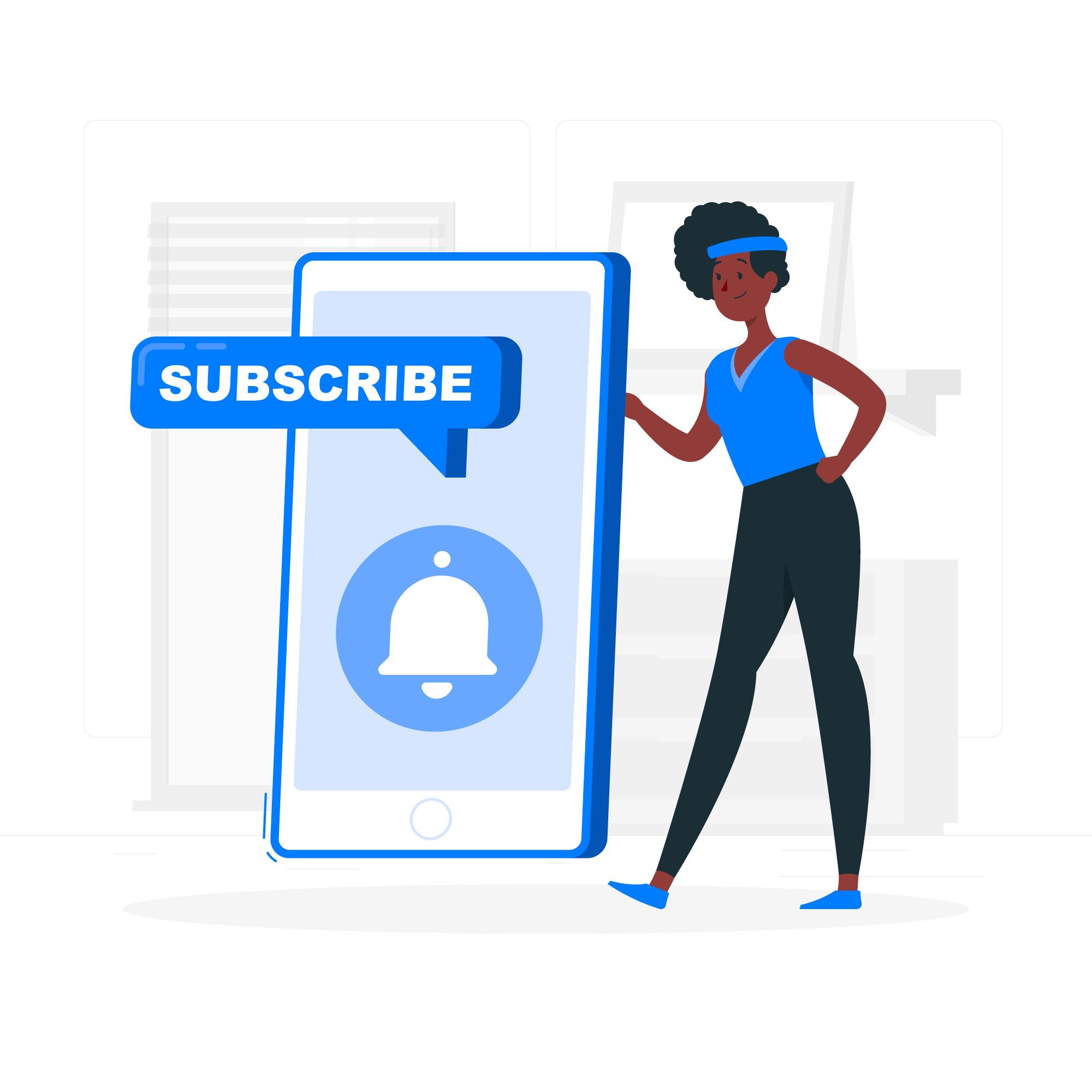 Woman showing mobile screen with subscribe call out